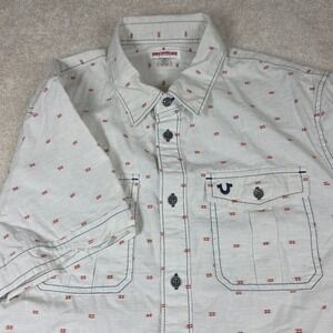True Religion Shirt Mens Med White Red Dash Short Sleeve Button Down Americana